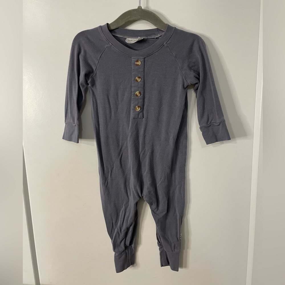 Bambi and Birdie Henley Style Snap Bottom Romper Bamboo Cool Blue 6-12M